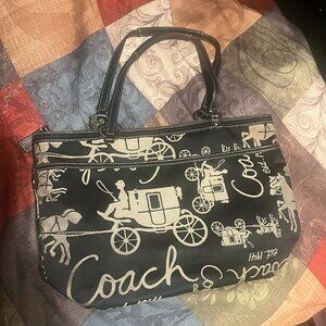 Coach Signature Black Satin Horse Carriage Tote Handbag